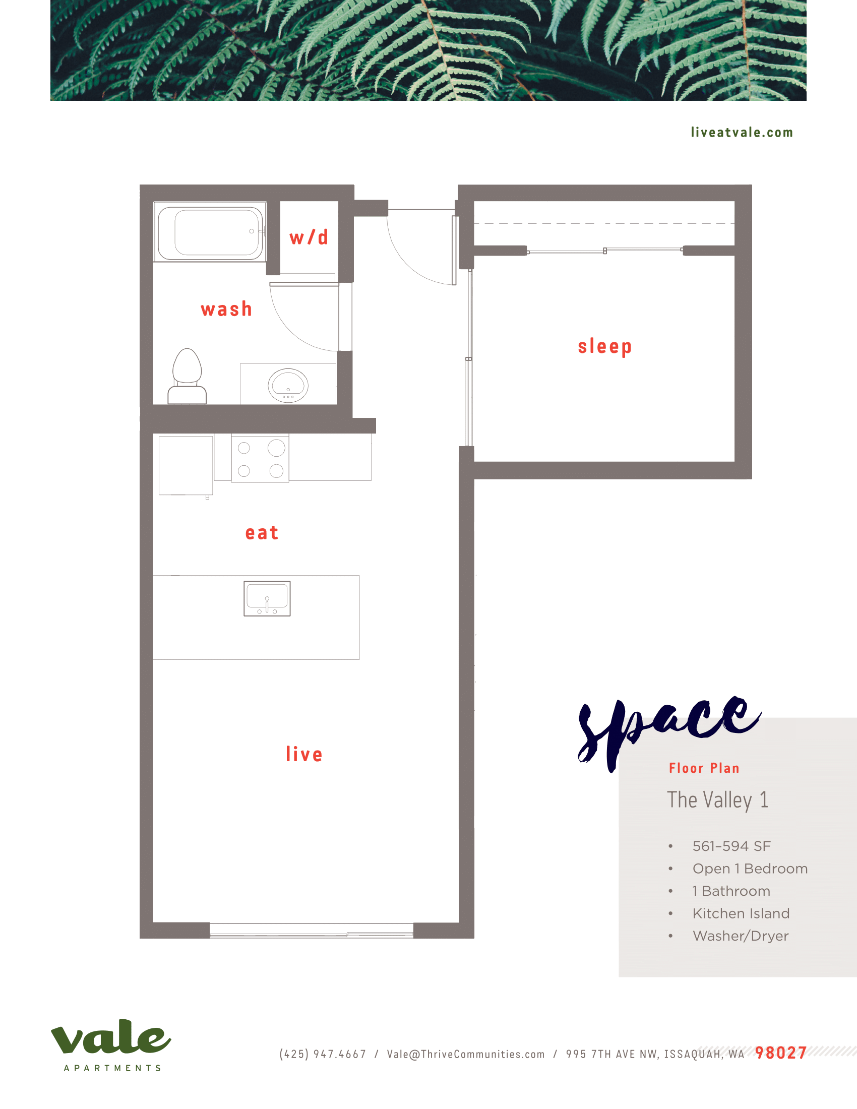 Floor plan for 1 bed, 1 bath, 593 sqft